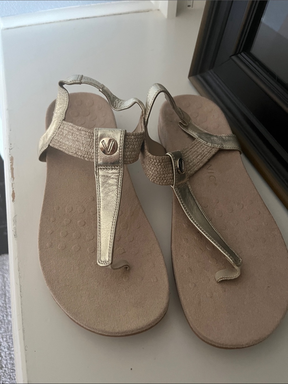 Vionic Gold Metallic T-Strap Sandals for Women
